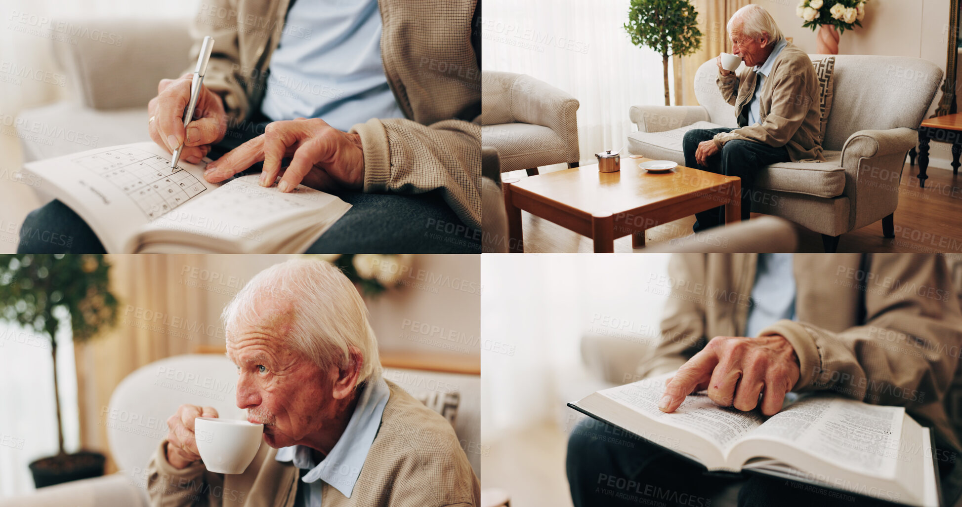 Buy stock photo Retirement, book or collage of old man with tea, mental stimulation or reading bible in home. Senior person, relax or puzzle in living room with drink, pastime hobby or religious literature for faith