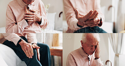 Buy stock photo Health, pain or old man in collage with headache, joint inflammation or arthritis symptoms in hands. Senior person, knee injury or stress in retirement home with medical condition or heart arrhythmia