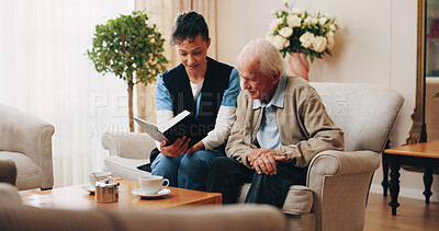 Buy stock photo Nurse, elderly and reading with bible for faith, religion or belief together in nursing home. People, caregiver or senior care with holy book for spiritual wellness, worship or christianity in house