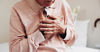 Buy stock photo Elderly, man and bed with chest pain for heart attack, chronic stress or hypertension in home. Senior, male person or sore tensions with discomfort in bedroom for cardiac arrest or disease in house
