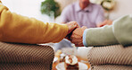 Empathy, holding hands and praying with old people in retirement home together for belief or faith. Prayer, religion and support with senior friends in apartment for bonding, christianity or praise