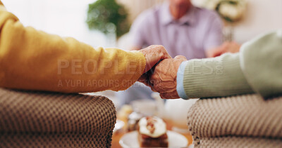 Buy stock photo Empathy, holding hands and praying with old people in retirement home together for belief or faith. Prayer, religion and support with senior friends in apartment for bonding, christianity or praise