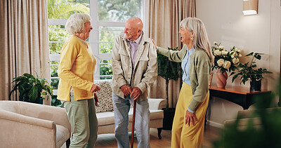Buy stock photo Senior, people or laughing with cane in retirement home for social connection or gathering together. Elderly, group or happy friends with smile, humor or comedy for bonding or funny holiday in house