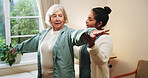Fitness, rehabilitation and senior woman with therapist in retirement home for healthcare or wellness. Help, medical and recovery with old person in physio for consulting, exercise or improvement