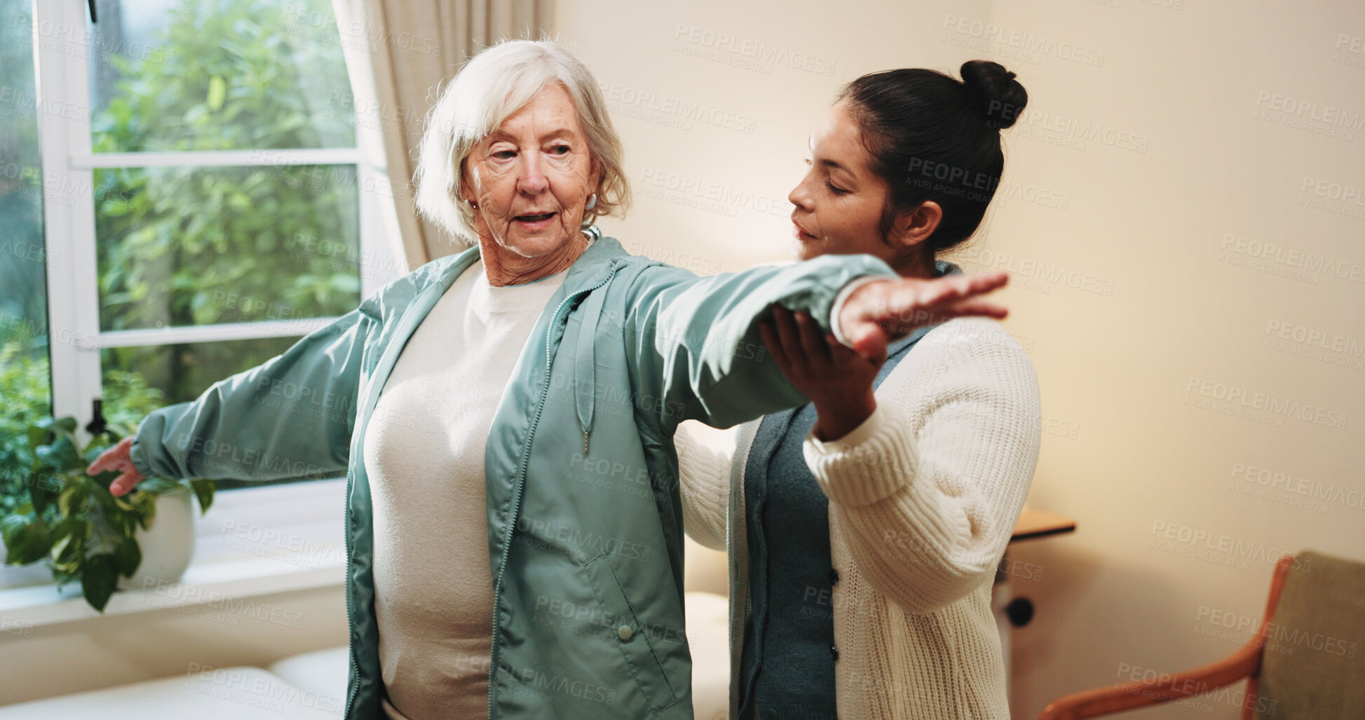 Buy stock photo Fitness, rehabilitation and senior woman with therapist in retirement home for healthcare or wellness. Help, medical and recovery with old person in physio for consulting, exercise or improvement