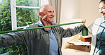 Old man, physiotherapist and stretching in office with band, guidance and physio for recovery. Therapist, helping and senior person with resistance strap, physical therapy and rehabilitation exercise