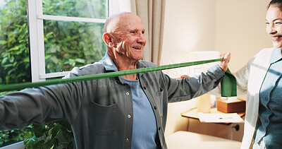 Buy stock photo Old man, physiotherapist and stretching in office with band, guidance and recovery for mobility. Orthopedic, help or senior person with resistance strap, physical therapy and arthritis rehabilitation