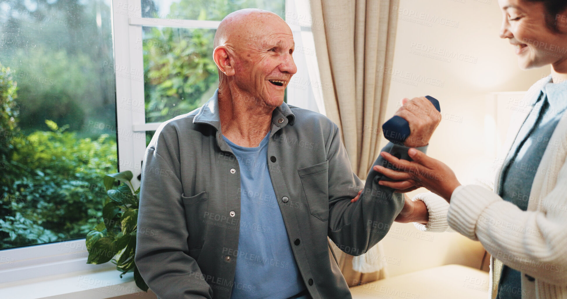 Buy stock photo Old man, dumbbells and physiotherapist with smile for fitness, guidance and recovery for mobility. Orthopedic, help and senior person with muscle injury, physical therapy and arthritis rehabilitation