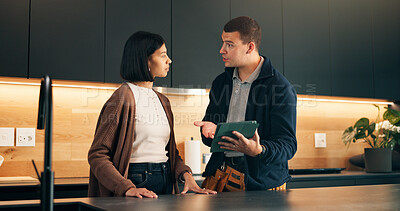 Buy stock photo Advice, client and tablet with handyman in kitchen for invoice agreement, repair plan and talk. Plumbing conversation, home renovation quote and online checklist with people for inspection discussion