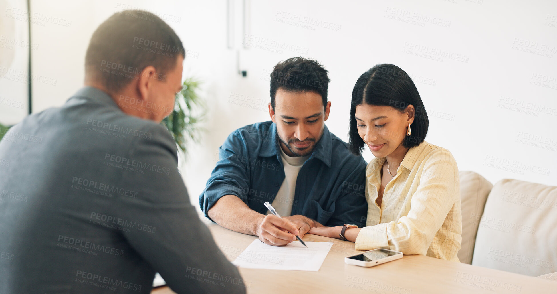 Buy stock photo Documents, signature and couple with financial advisor in house for terms and conditions on home loan. Contract, offer and accountant with people for savings or investment planning in apartment.