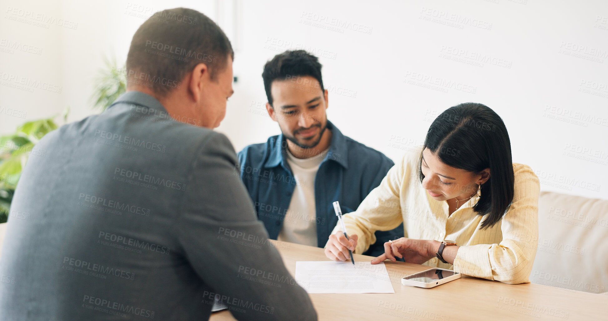 Buy stock photo Paperwork, signature and couple with financial advisor in house for terms and conditions on home loan. Documents, offer and accountant with people for savings or investment planning in apartment.