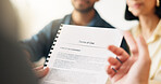 Hands, lawyer and reading document with couple, finance contract and terms of use for real estate. People, consultation or attorney with paperwork, property investment and financial form for purchase