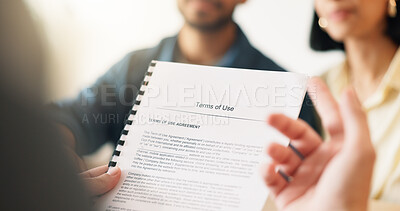 Buy stock photo Hands, lawyer and reading document with couple, finance contract and agreement for terms of use. People, consultation or attorney with paperwork, investment compliance and financial form for purchase