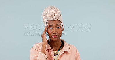 Buy stock photo Headache, tired and black woman with strain, frustrated or burnout tension with discomfort. Pain, space and female person on studio background with migraine, fatigue or sore head with dizziness. 