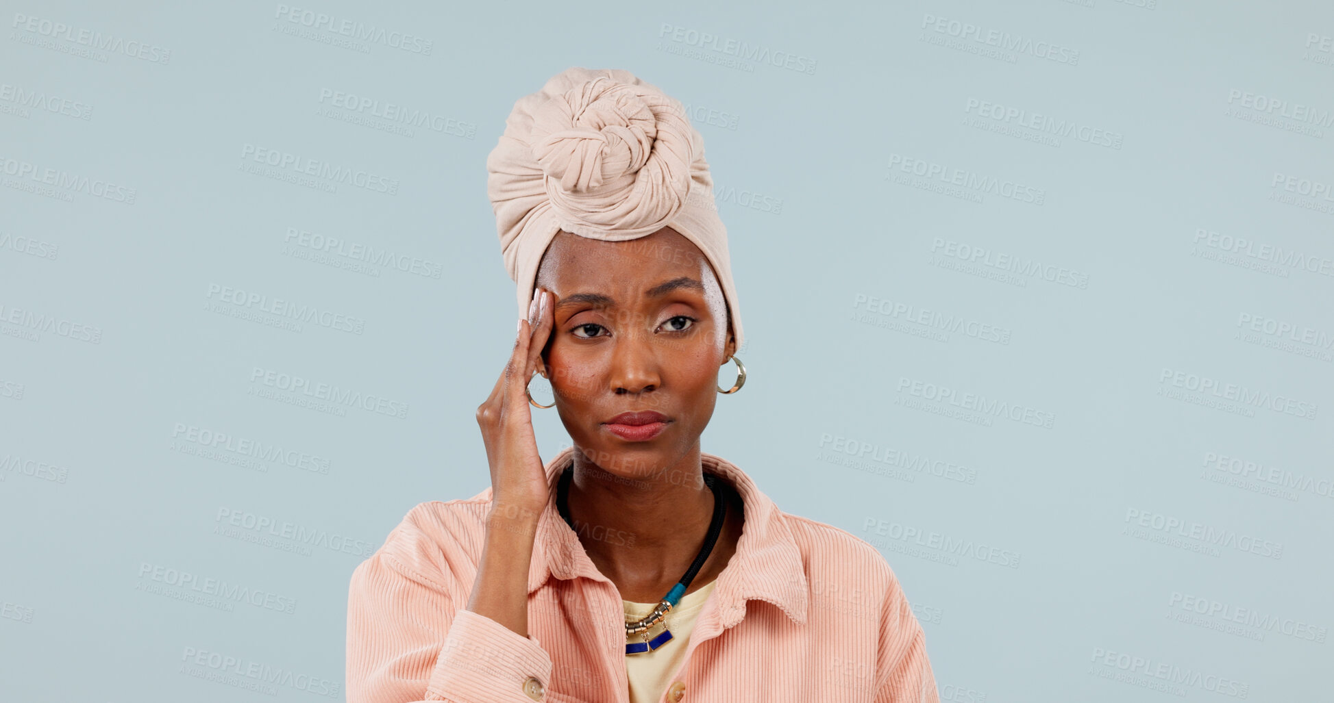 Buy stock photo Headache, tired and black woman with strain, frustrated or burnout tension with discomfort. Pain, space and female person on studio background with migraine, fatigue or sore head with dizziness. 
