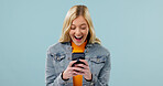 Giveaway, shock or woman with phone, online promotion or award announcement on email app. Winner, surprise or person on studio background with space, contest prize or victory in digital lottery.