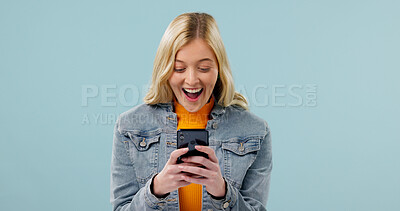 Buy stock photo Giveaway, shock or woman with phone, online promotion or award announcement on email app. Winner, surprise or person on studio background with space, contest prize or victory in digital lottery.
