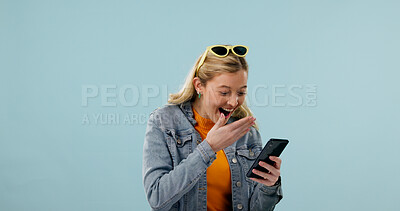 Buy stock photo Giveaway, shocked or woman with phone, online promotion or award announcement on email app. Wow, surprised or person on studio background with space, contest prize or winner of digital lottery.
