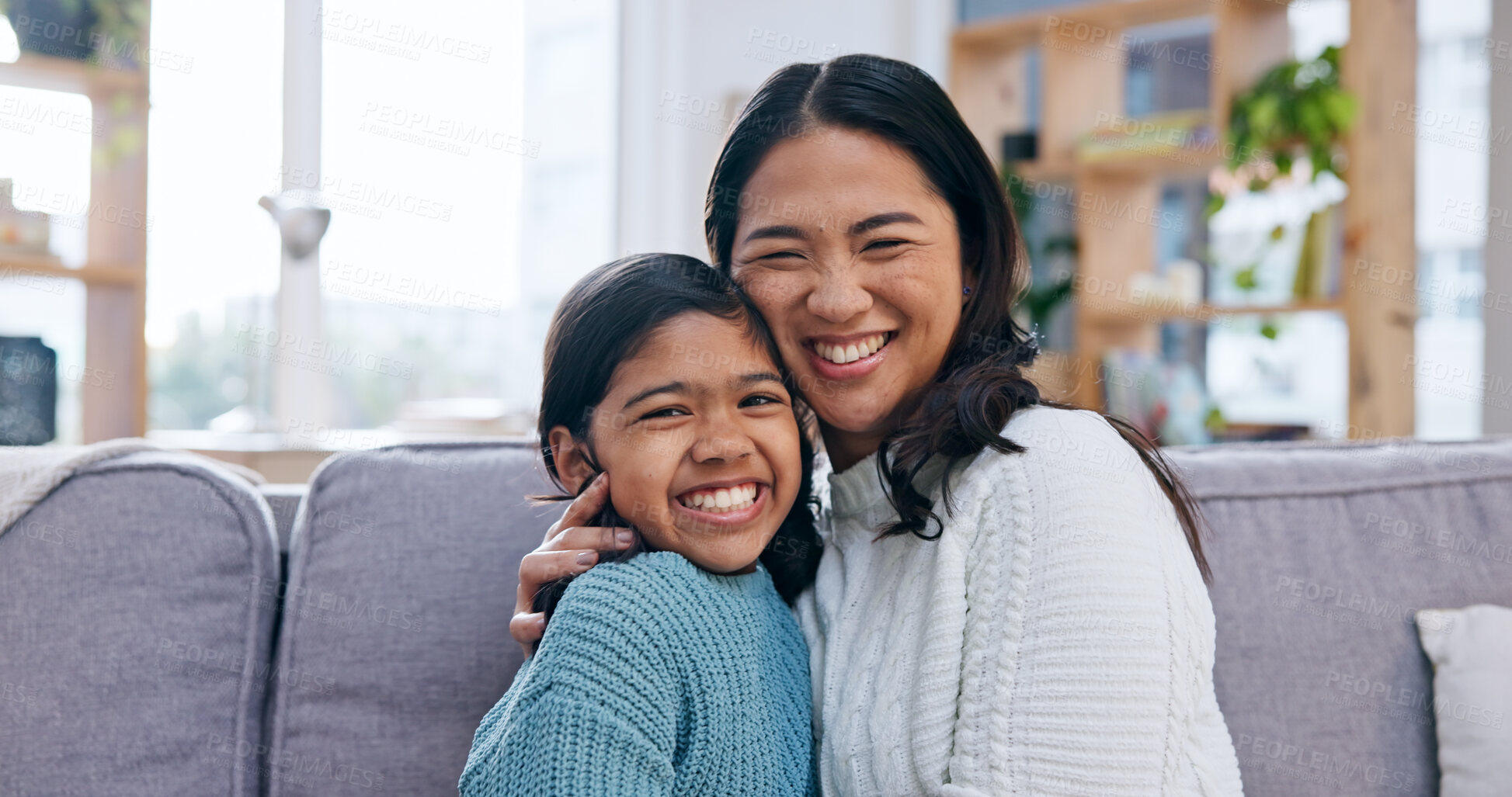 Buy stock photo Portrait, mother and child at house with smile, love and parental affection for bonding together. Happy, woman and daughter in home with embrace, connection and childcare for weekend break in lounge