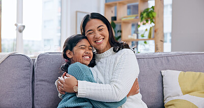 Buy stock photo Smile, mother and child at house with hug, love and parental affection for bonding together. Woman, embrace and daughter in home for appreciation, connection and childcare for weekend break in lounge