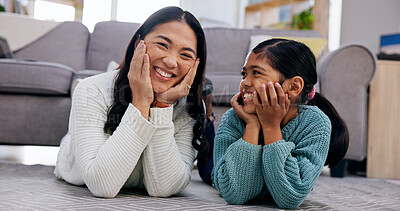 Buy stock photo Mother, relax and child on floor with smile, love and parental admiration for bonding together. Portrait, woman or daughter in home for appreciation, family connection and childcare for weekend break