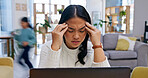 Stress, chaos and mom with headache for remote work, distraction and noise with energetic child. Laptop, family and woman with migraine for pressure, burnout and fatigue with kid running in home