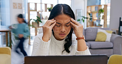 Buy stock photo Stress, chaos and mom with headache for remote work, distraction and noise with energetic child. Laptop, family and woman with migraine for pressure, burnout and fatigue with kid running in home