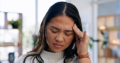 Buy stock photo Upset, headache and Asian woman in home with stress, pressure and massage temples for wellness. House, health and person with migraine, head pain and brain fog for burnout, tension and fatigue