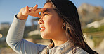 Outdoor, sightseeing and woman on vacation, travel and reflection on getaway and remember adventure. Thinking, tourist and Asian person on holiday, calm and scenery in nature or thoughts on trip