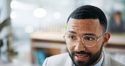 Buy stock photo Thinking, glasses and businessman in office with ideas, planning or decision on finance project. Problem solving, choice and financial manager with solution for investment proposal in workplace.