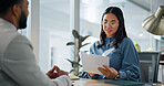 Business people, document and interview with cv for meeting, hiring or recruiting in office. Businessman, applicant or intern with paperwork for resume, job opportunity or career ambition in agency