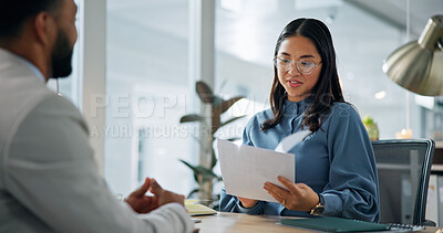 Buy stock photo Business people, document and interview with cv for meeting, hiring or recruiting in office. Businessman, applicant or intern with paperwork for resume, job opportunity or career ambition in agency