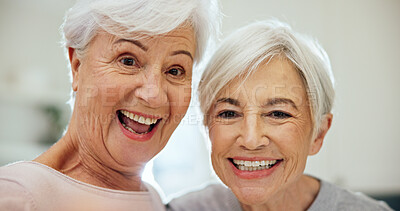 Buy stock photo Portrait, smile and senior women in living room of nursing home for bonding, love or reunion. Happy, elderly friends and retirement together for relax, connection and memories in lounge of house
