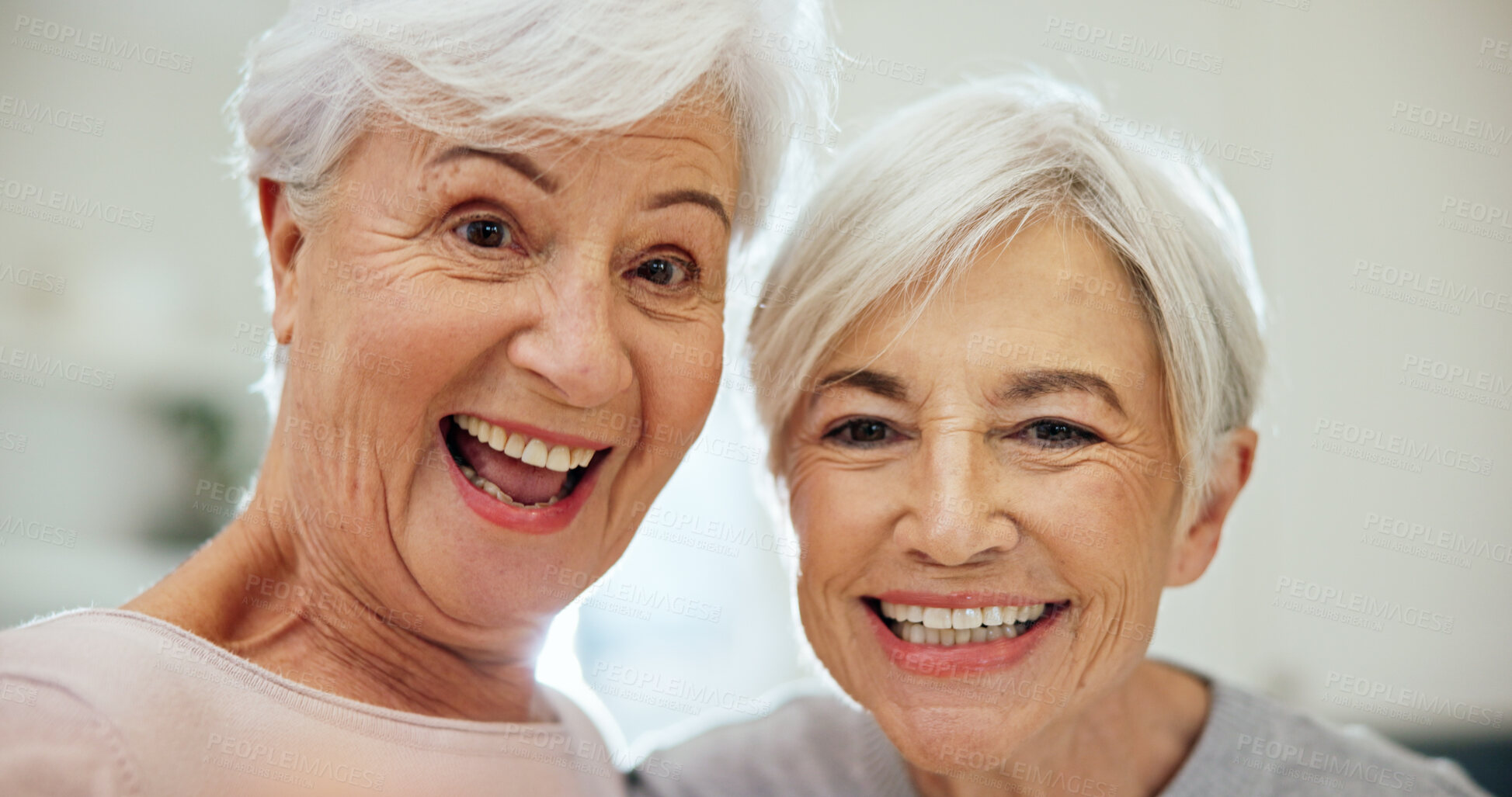 Buy stock photo Portrait, smile and senior women in living room of nursing home for bonding, love or reunion. Happy, elderly friends and retirement together for relax, connection and memories in lounge of house