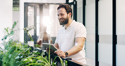 Buy stock photo Tablet, thinking and man in office with smile, creative idea or review for social media marketing. Technology, marketer and happy person with company vision, campaign planning or ad inspiration