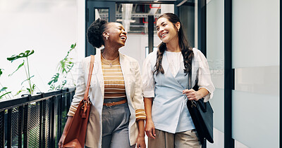 Buy stock photo Business, walking and women laughing in office for arrival, funny joke and marketing story. Team, start and friends in workplace for talking with humor, feedback and advertising idea in hallway