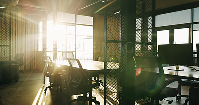 Buy stock photo Background, business and flare with empty office in morning for corporate or professional career. Chairs, space and table in room of workplace interior for company development, growth or sunshine