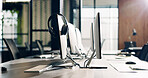 Empty, office and headset on computer on desk for lead generation, customer support and business. Background, call center and tech, equipment and headphones for contact us, crm service and help