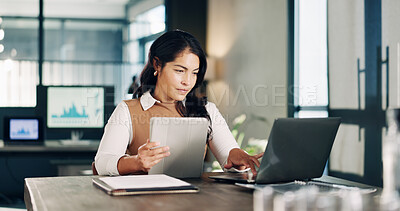 Buy stock photo Woman, tech and report in office with feedback, proposal or graphs for market research agency. Female person, laptop and consultant with tablet for charts, financial development or budget forecasting