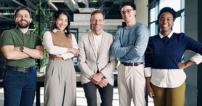 Buy stock photo Happy, business people and portrait in office for career pride, about us and confidence in real estate company. Team, smile and ambition with collaboration and realtor for listing opportunity