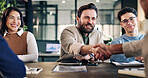 Handshake, meeting and business people in office for finance deal, partnership and negotiation. Discussion, financial manager and shaking hands with happy client for investment contract in merger