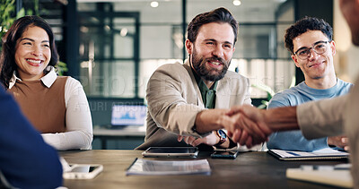 Buy stock photo Handshake, meeting and business people in office for finance deal, partnership and negotiation. Discussion, financial manager and shaking hands with happy client for investment contract in merger