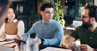 Buy stock photo Man, tablet and business people in meeting for planning, sustainable project and finance review. Team, workshop and workers on tech for feedback, financial growth and budget for eco friendly campaign
