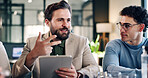Man, team and tablet for meeting in office with communication, proposal or review at real estate agency. People, realtor and consultant with tech for investor, property development or budget insight