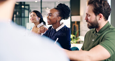 Buy stock photo Woman, team and smile for meeting in office with communication, proposal or review at real estate agency. People, realtor and consultant happy for investor, property development or budget insight