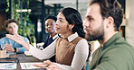 Woman, team and document for meeting in office with communication, proposal or review at real estate agency. People, realtor and consultant advice for investor, property development or budget insight