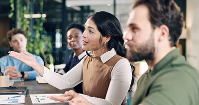 Buy stock photo Woman, team and document for meeting in office with communication, proposal or review at real estate agency. People, realtor and consultant advice for investor, property development or budget insight