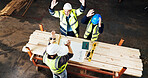 Meeting, celebrate and men with blueprint for carpentry, construction project and agreement. Happy, above and people with design for renovation success with woodworking, timber supplier and planning