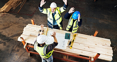 Buy stock photo Meeting, celebrate and men with blueprint for carpentry, construction project and agreement. Happy, above and people with design for renovation success with woodworking, timber supplier and planning