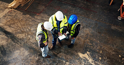 Buy stock photo Meeting, above and men on tablet for planning, construction project and digital blueprint for building. Team, contractor and people with tech for renovation, infrastructure or inventory for carpentry